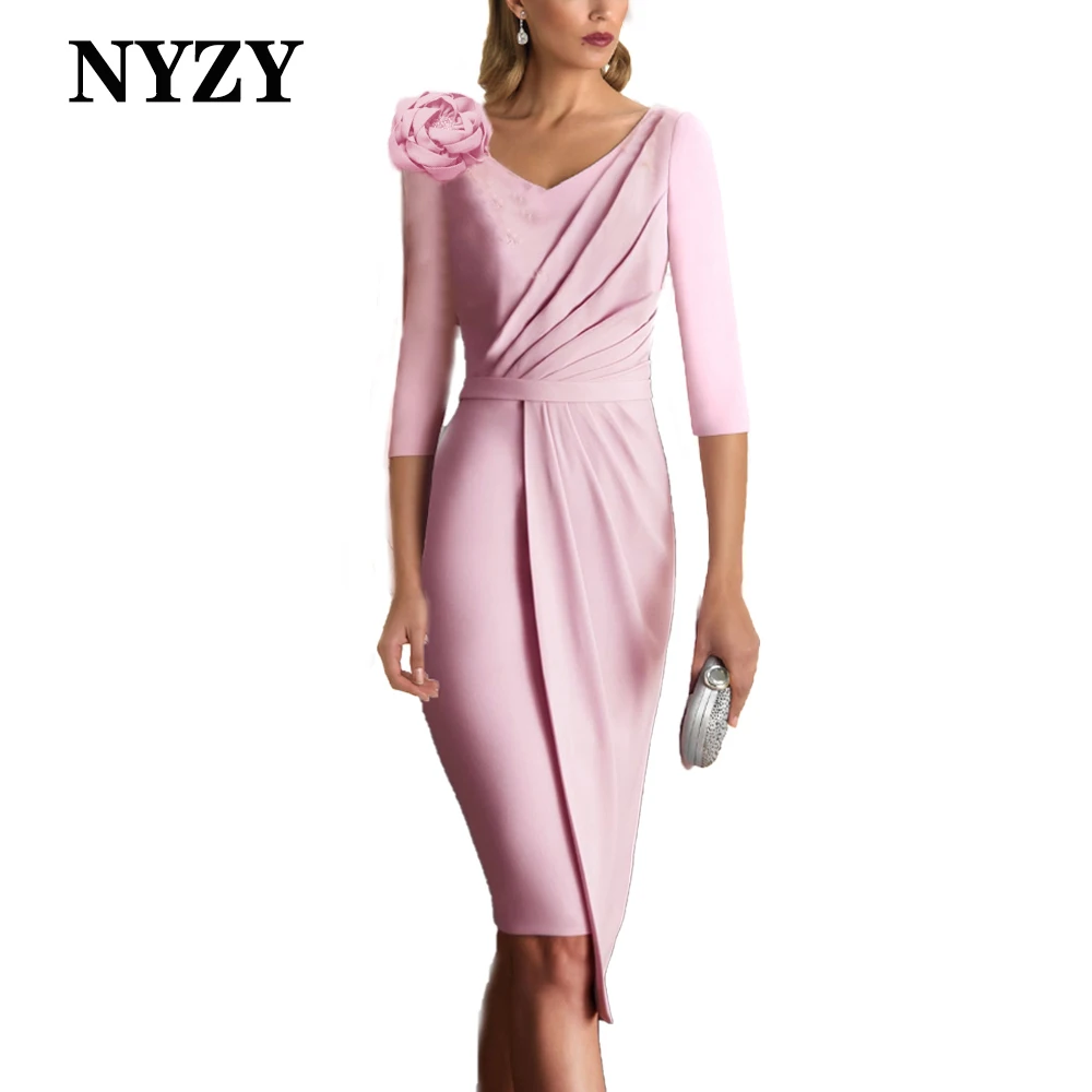 

NYZY M407 Customized Stretch Chiffon 3D Flower 2025 Pink Mini Dress for Party Cocktail Mother of the Bride Groom Church