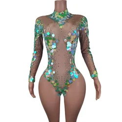 Multicolor Sequin Latest Jumpsuit for Ladies Jazz Dance Show Clothing Party Sexy Rompers Women Mesh Rhinestone Bodycon Jumpsuits