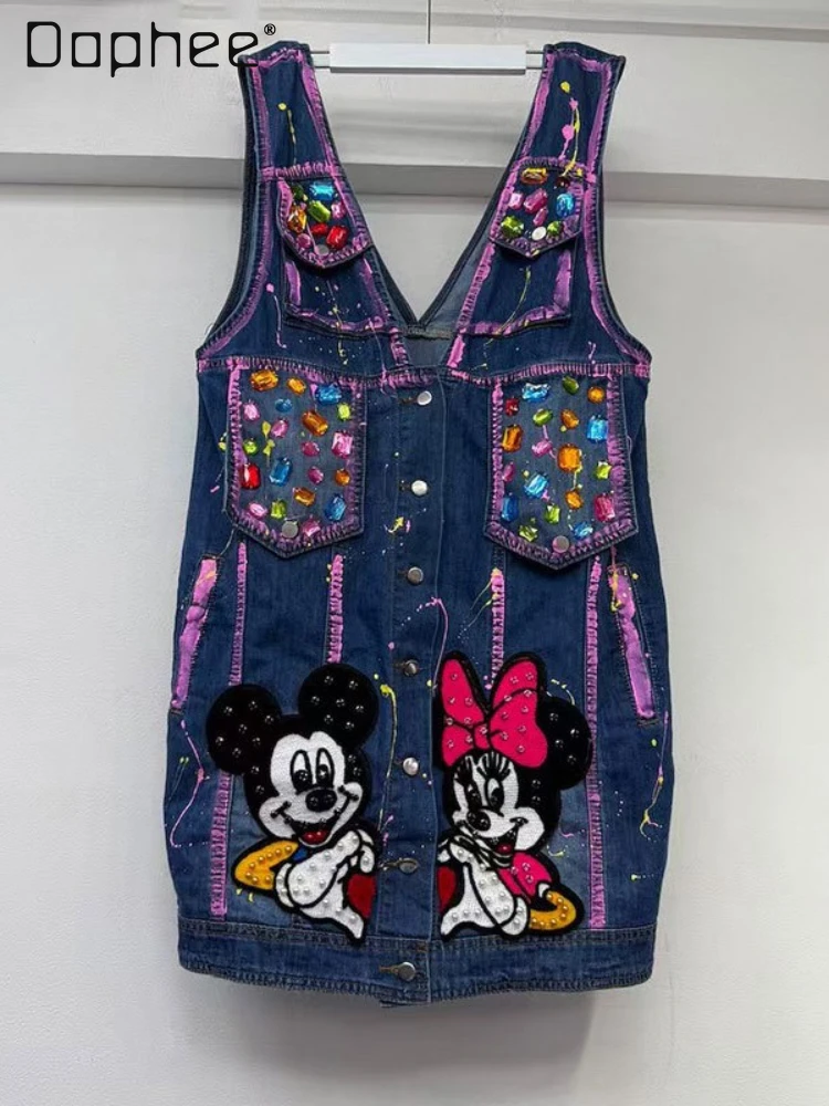 

Spring Summer New Cartoon Beaded Graffiti Dress for Women Mid-Length Loose Vintage V-Neck Sleeveless Single-Breasted Vest Jacket