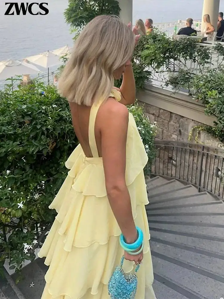 3d flor babados em camadas vestidos femininos elegante chiffon sem costas sem mangas fofo vestido longo 2025 verão nova senhora praia robes