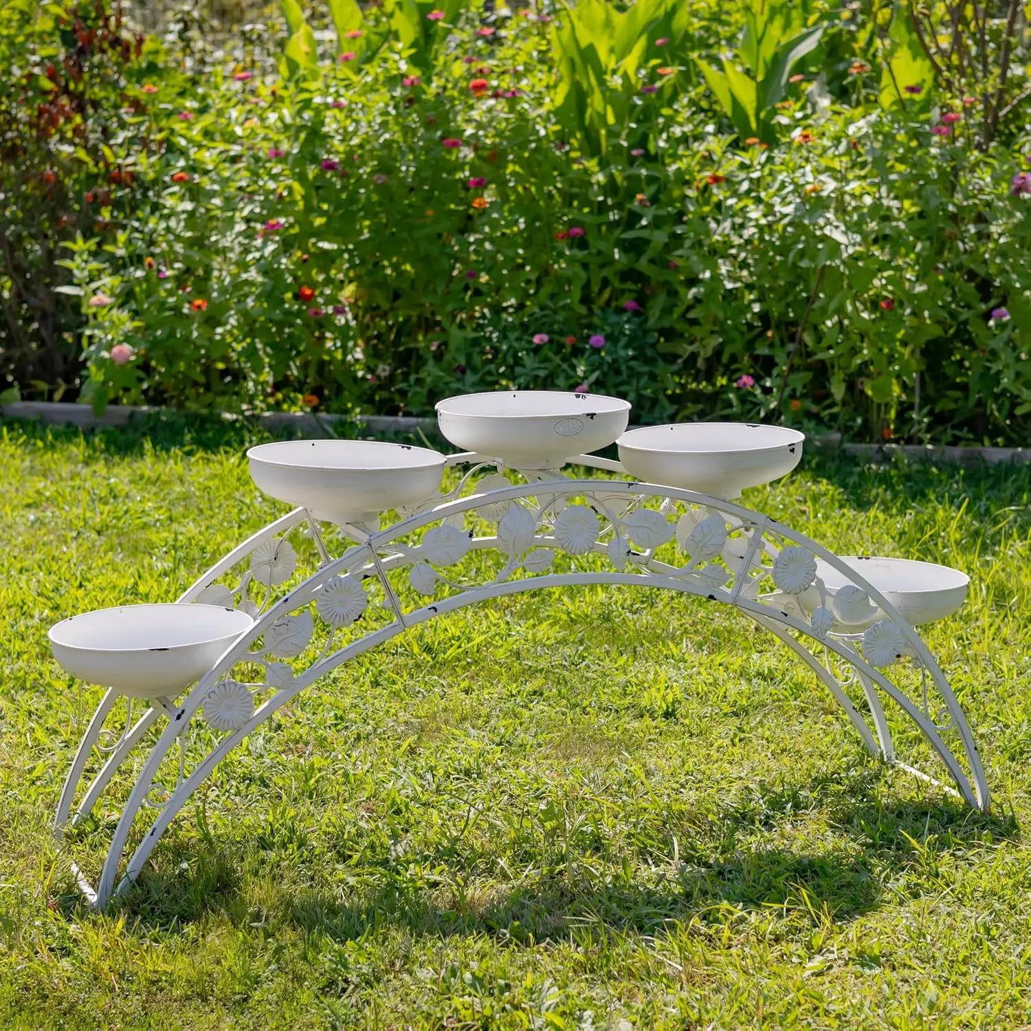 5FT Long Bridge-Like Metal Plant Stand Arch, 5 Round Planters, Powder-Coated, Distressed Finish (Antique White)