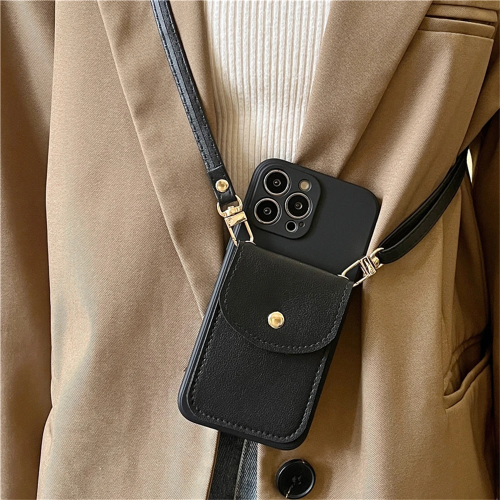 Crossbody Leather Wallet Card Holder Necklace Lanyard Case For iPhone 17 16 15 14 Pro Max 11 12 13 XR 7 Plus silicone Soft Cover