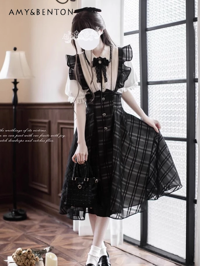

Original Mine Series Elegant Princess Strap Skirt Sets Women Lolita Sweet Lapel Bubble Sleeve Shirt Tutu Skirt Two-piece Set