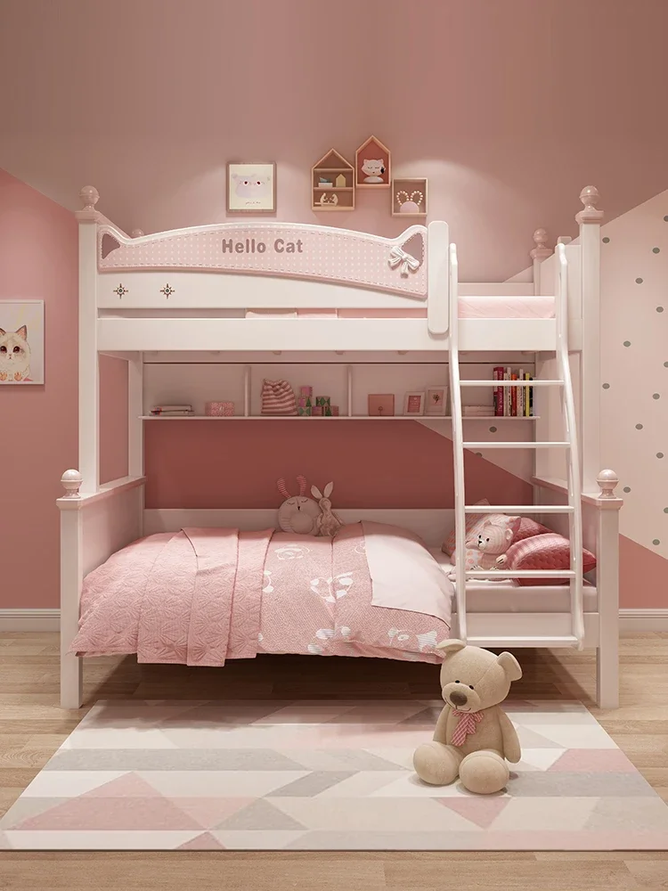 

Children in and out of bed Girls Small apartment Mother and child bed Bunk bed Princess room Solid wood bunk pink high