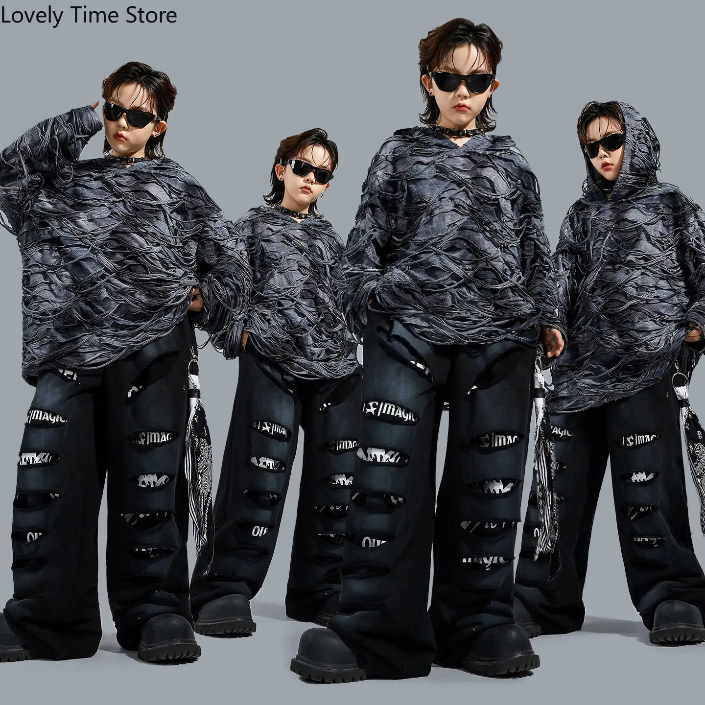 Boys K-pop Fashion Ripped Hoodies Street Dance Joggers Pants Girls Hip Hop Sweatshirt Costume Kids Streetwear Child Clothes Sets
