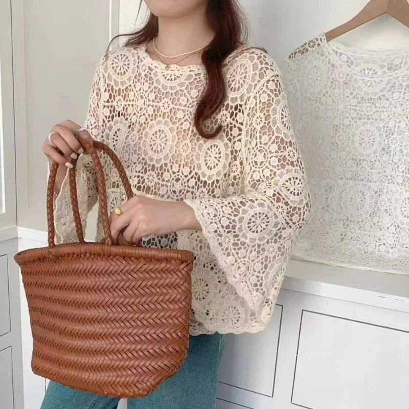 

Crochet Top with Bell Sleeve Hollow out Open-knit Floral Lace Blouse Women Spring Summer Beach Cover-up Festival Boho Chic