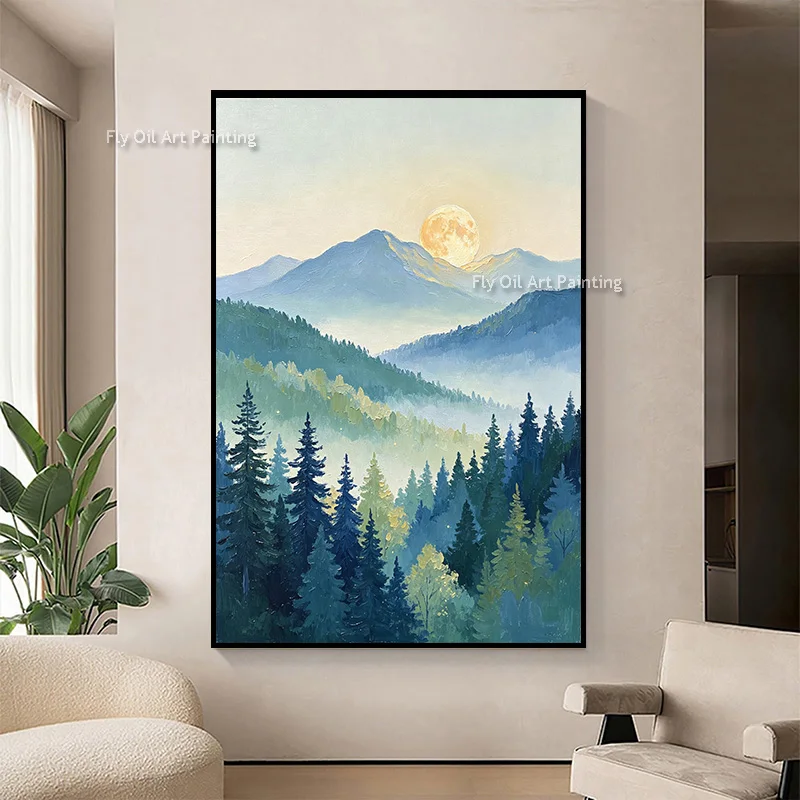 Hand Painted Oil Painting Moonrise Over Misty Mountain Pine Forest Original Textured Landscape Wall Art for Living Room Decor