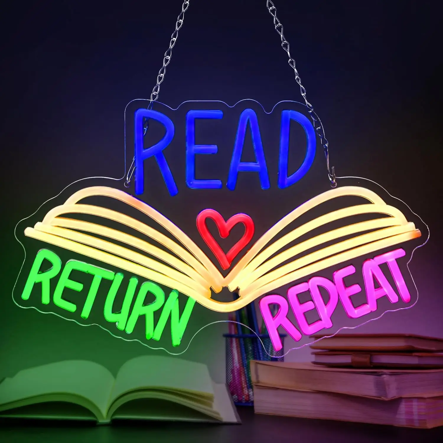 

LED Neon Sign Read Return Repeat Book USB Dimmable Neon Light or Library Book Themed Room Book Lover Room Reading Room Decor