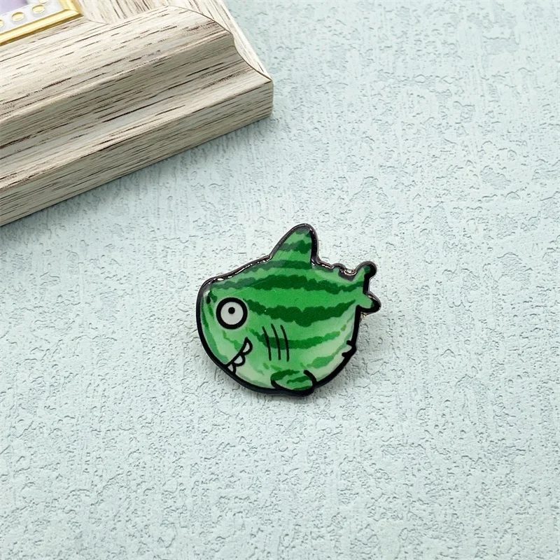 Watermelon and Shark Combination Design Brooch Cartoon Cute Sea Creature Collection Badge Fashion Clothing Pin Accessories Gift