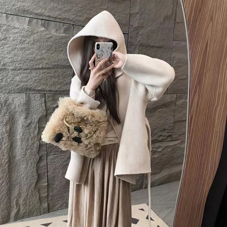 2023 Bathrobe Hooded Coat Temperament Double sided Woolen Women's Coat Long Hair Series