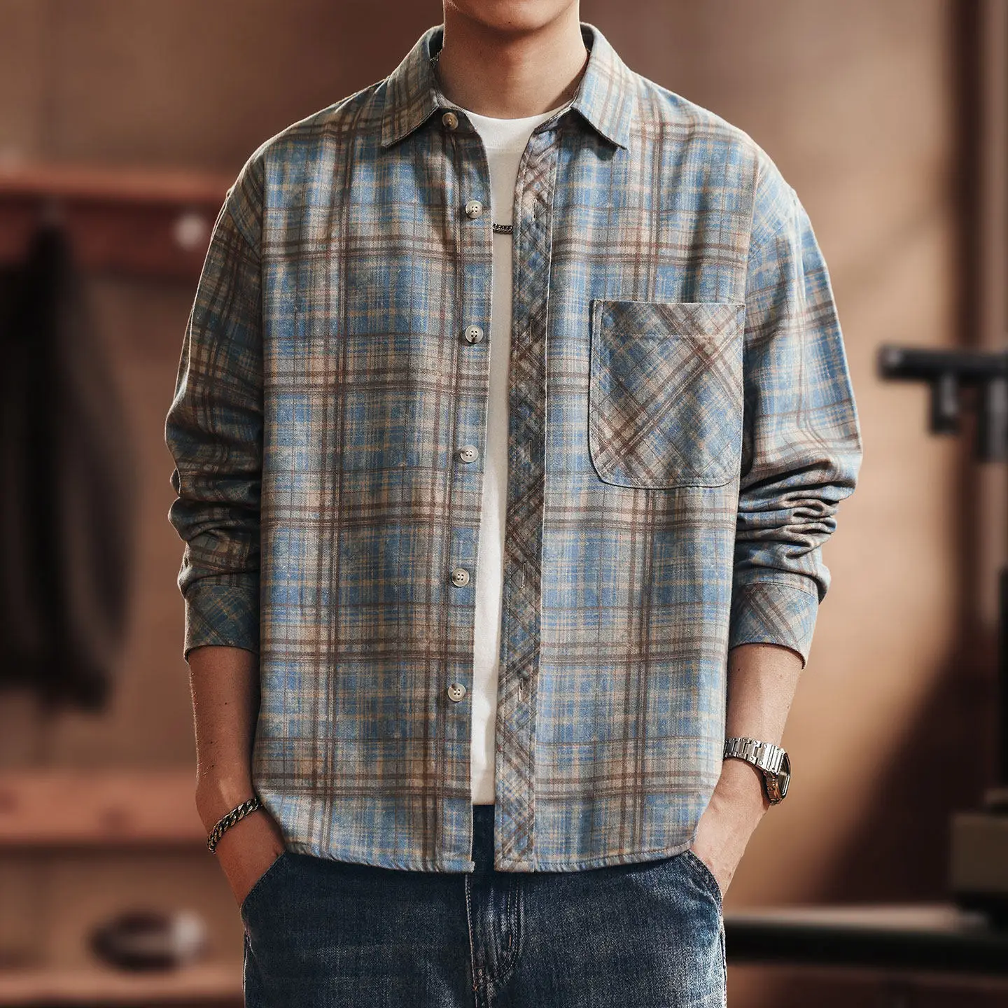 

Oversized Men Blue Checkered Shirts Vintage Washed Plaid Long Sleeve Casual Shirt Jacket Streetwear