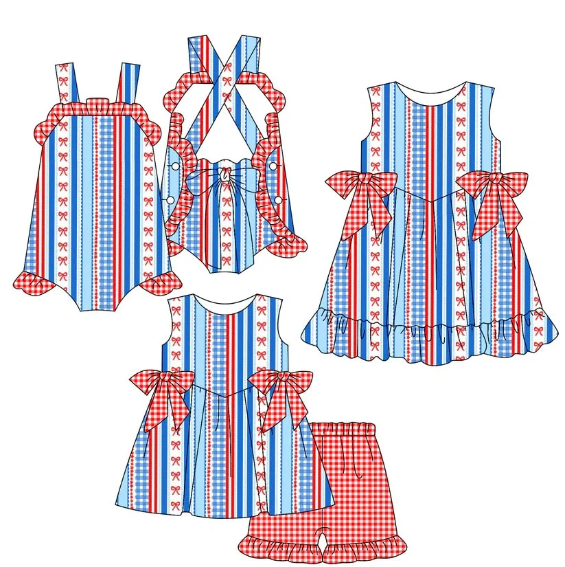 July 4th Independence Day Series Girls Suspender Bodysuit Sleeveless Dress Three-piece Set Blue Bowknot Print