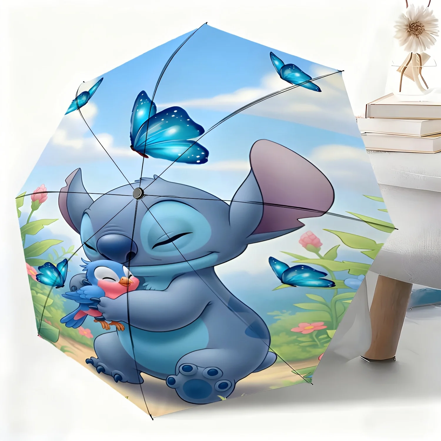 

Автоматический зонт с милым мультяшным принтом Disney Stitch, универсальный зонт для любой погоды и случаев, портативный складной зонт, 1 шт.