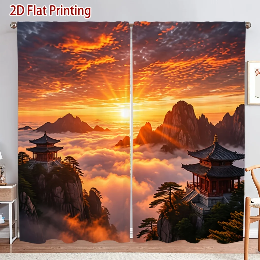 Chinese Landscape Curtains, Sunrise Mountain Pagoda Print Window Drapes, Oriental Zen Decor, Blackout Fabric for Living Room