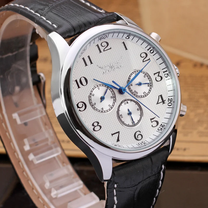 JARAGAR Classic Men\'s Watch Automatic Mechanical Self-Wind Day Date 24 Hour Genuine Leather Strap Business Wristwatch Male Clock