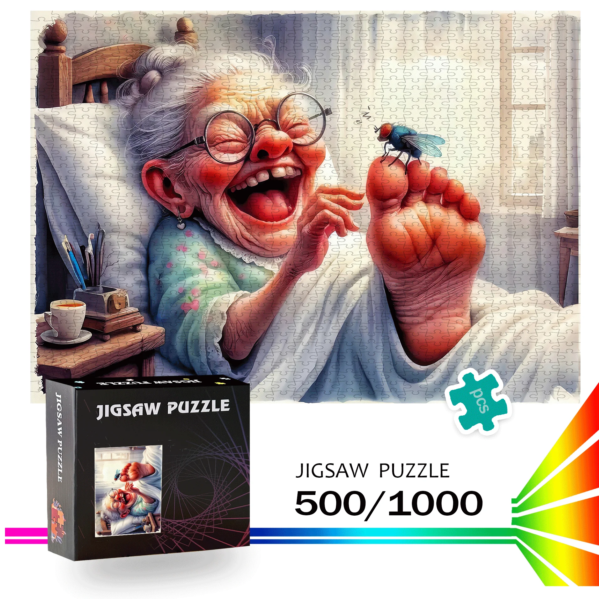 500/1000 Stück extra großes Puzzle – Dame im Bett mit Hausfensterszene, herausforderndes Mittelpuzzle für Erwachsene und Fami