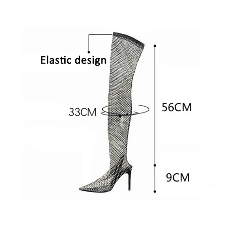 Bling Bling Rhinestone Mesh Pointed Toe Ankle And Over-The-Knee Boots Women Stiletto High Heels Female Mesh Shoes Sandals