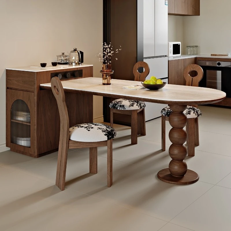 Roman travertine rock slab retractable island table integrated small apartment restaurant storage table