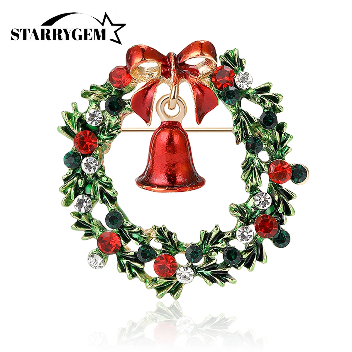 

Christmas Rhinestone Wreath Brooches for Women Unisex Enamel Bell Pin Office Party Friend Gifts Accessories