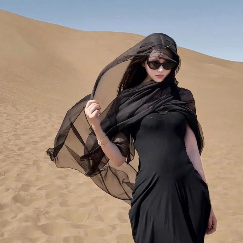 

Simple Bohemian Silk Scarf Shawls Korean Style Transparent Mesh Neck Scarves Neckerchief Sunscreen Hijab Wraps Beach