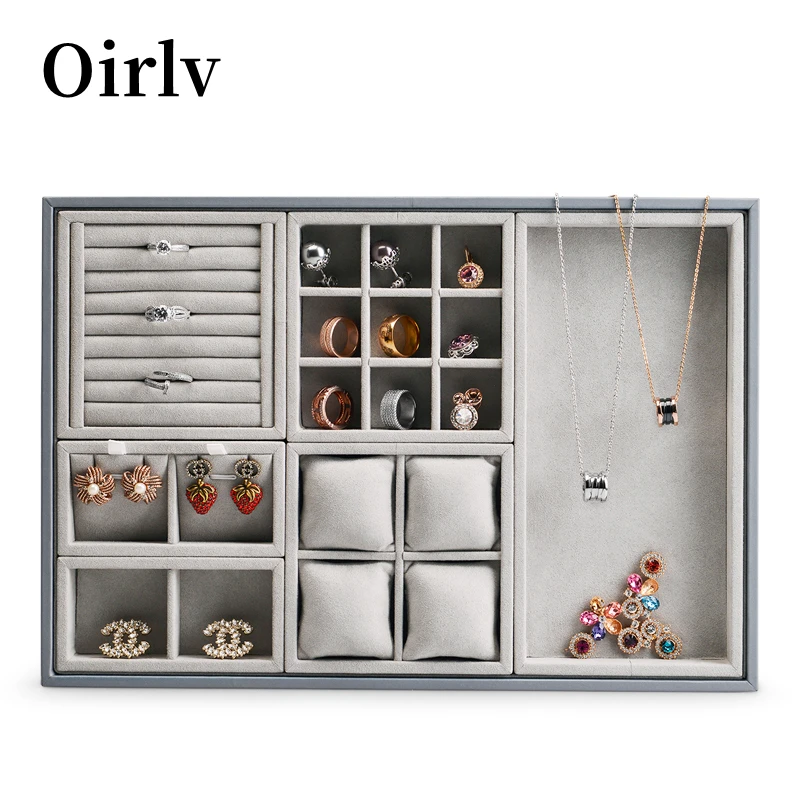 Oirlv Jewelry Display Tray Microfiber Jewelry Display Organizer Gray Ring Necklace Bracelet Storage Case  for Jewelry Showcase