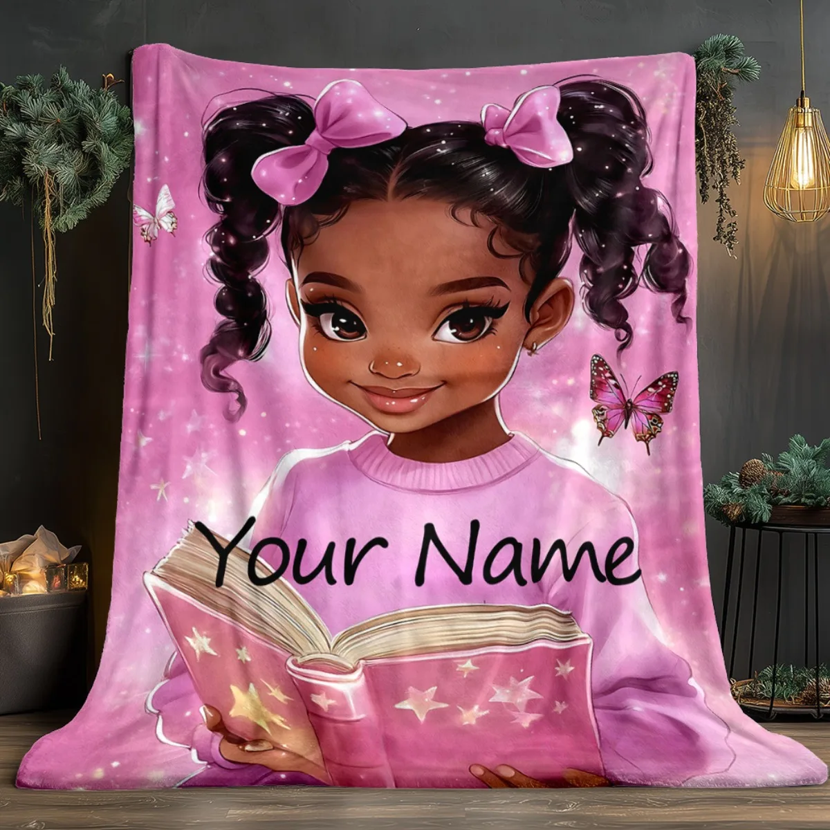 Personalized Sweet Girl Flannel Blanket - Lightweight Soft Warm Fantasy Theme with Cartoon Girl, Stars & Butterflies Print,