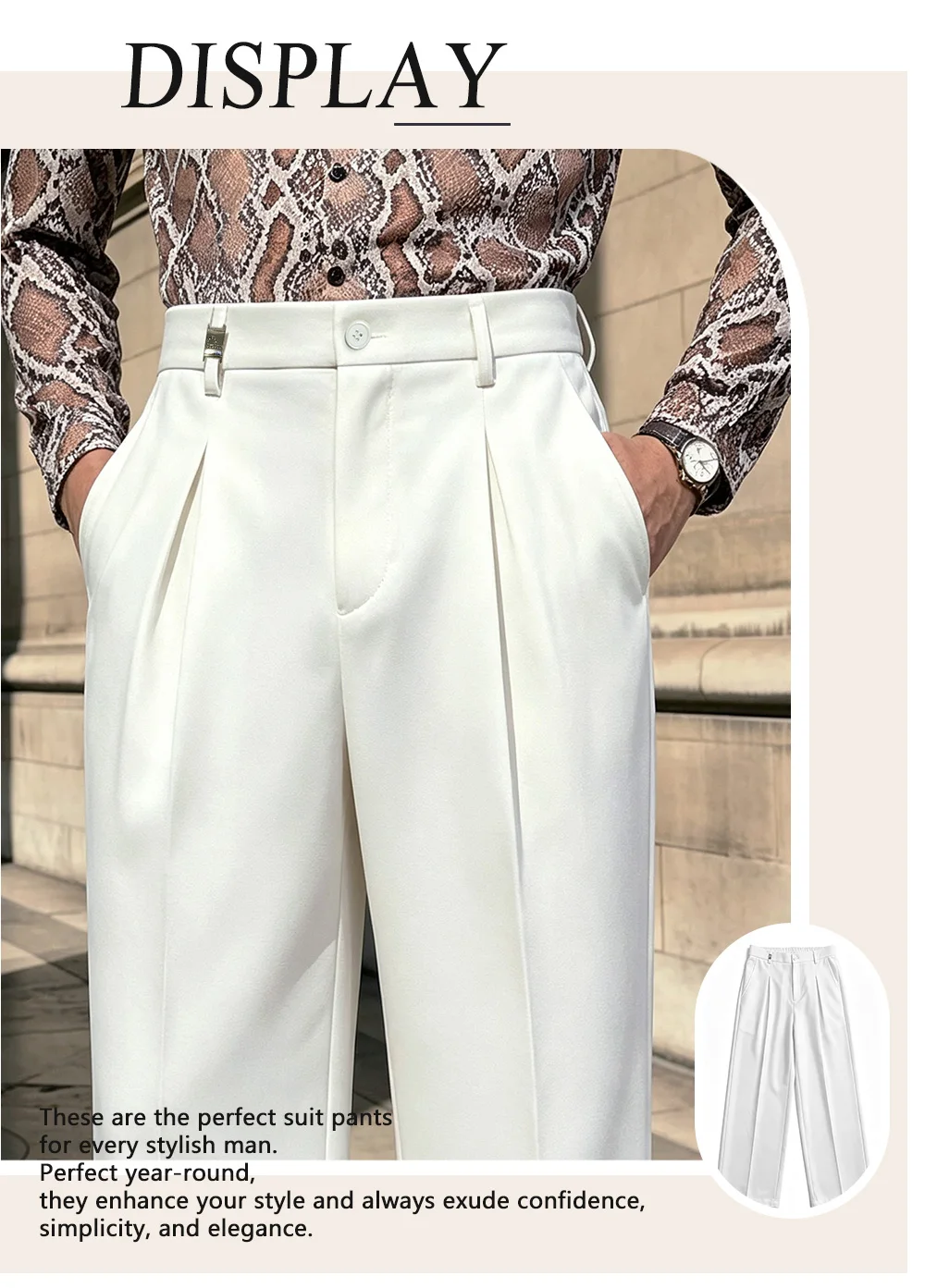 Herren-Hose für Frühling und Herbst, einfarbig, gewebt, mit Falten, Knopfakzent, elastischer Bund, gerades, lockeres Bein, schöner Fall, knitterfrei. – Detail 1