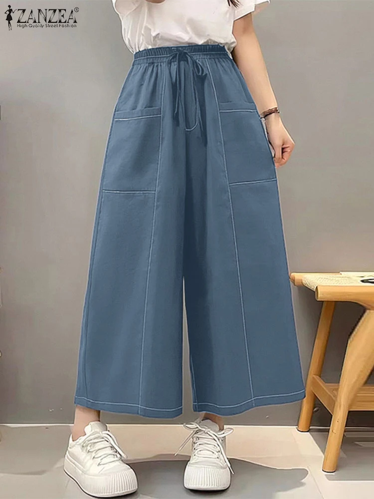 

ZANZEA 2025 Women Denim Pants Lace-up Casual Loose Bottoms Pockets Summer Trouser Solid Elastic Waist Wide Leg Pants S-3XL