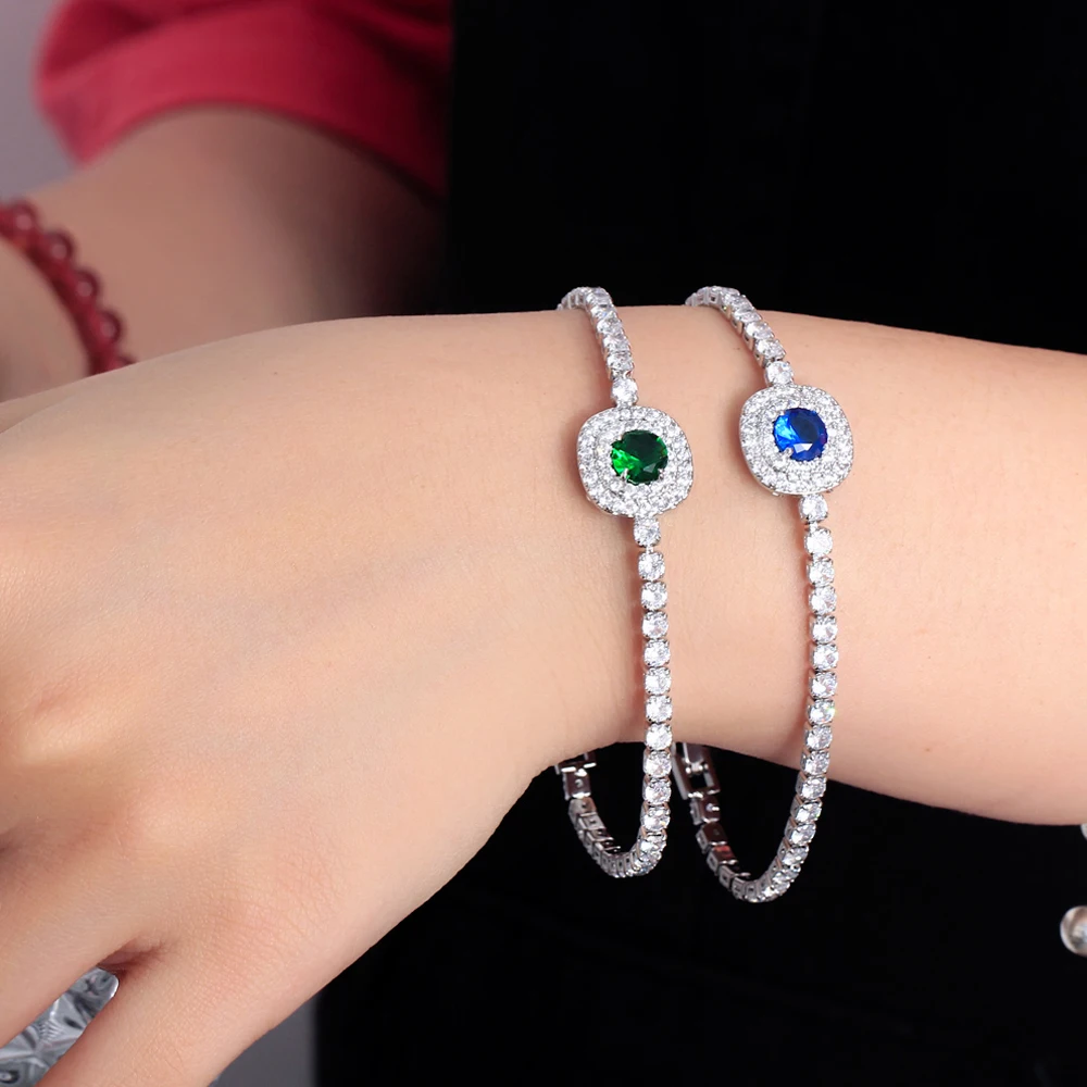 BeaQueen Shiny Round CZ Crystal Tennis Bridesmaid Bracelet for Wedding Chic Blue Green Cubic Zirconia Women Party Jewelry B256