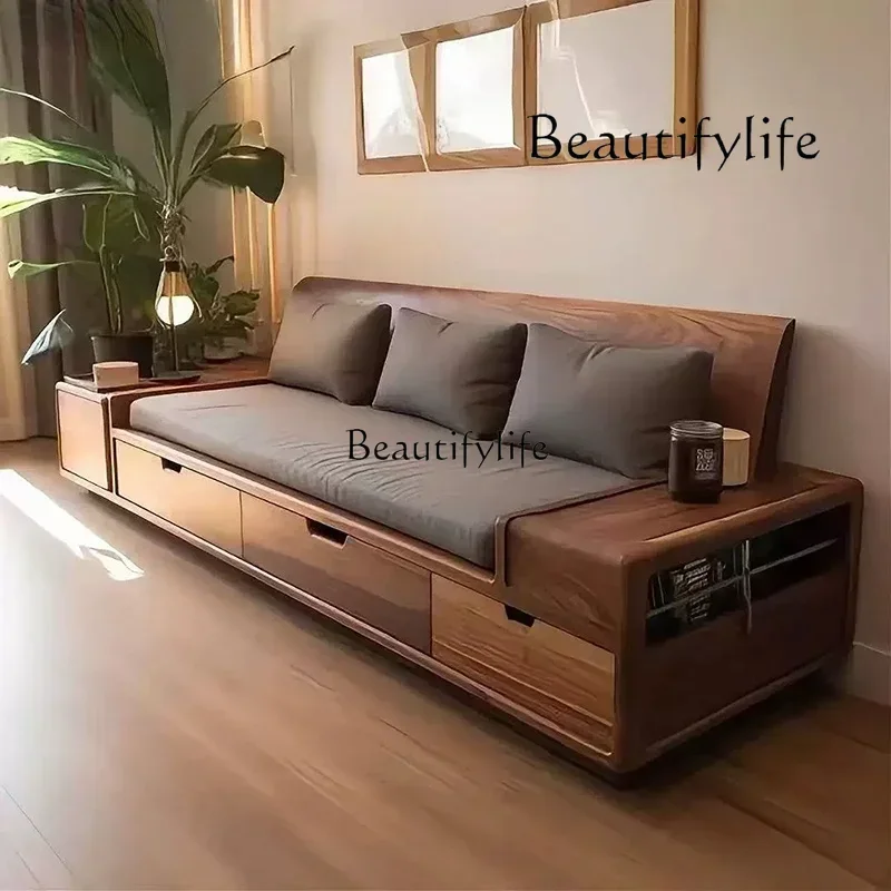 

Black walnut solid wood sofa combination Modern simple living room Straight row sofa Locker can be customized