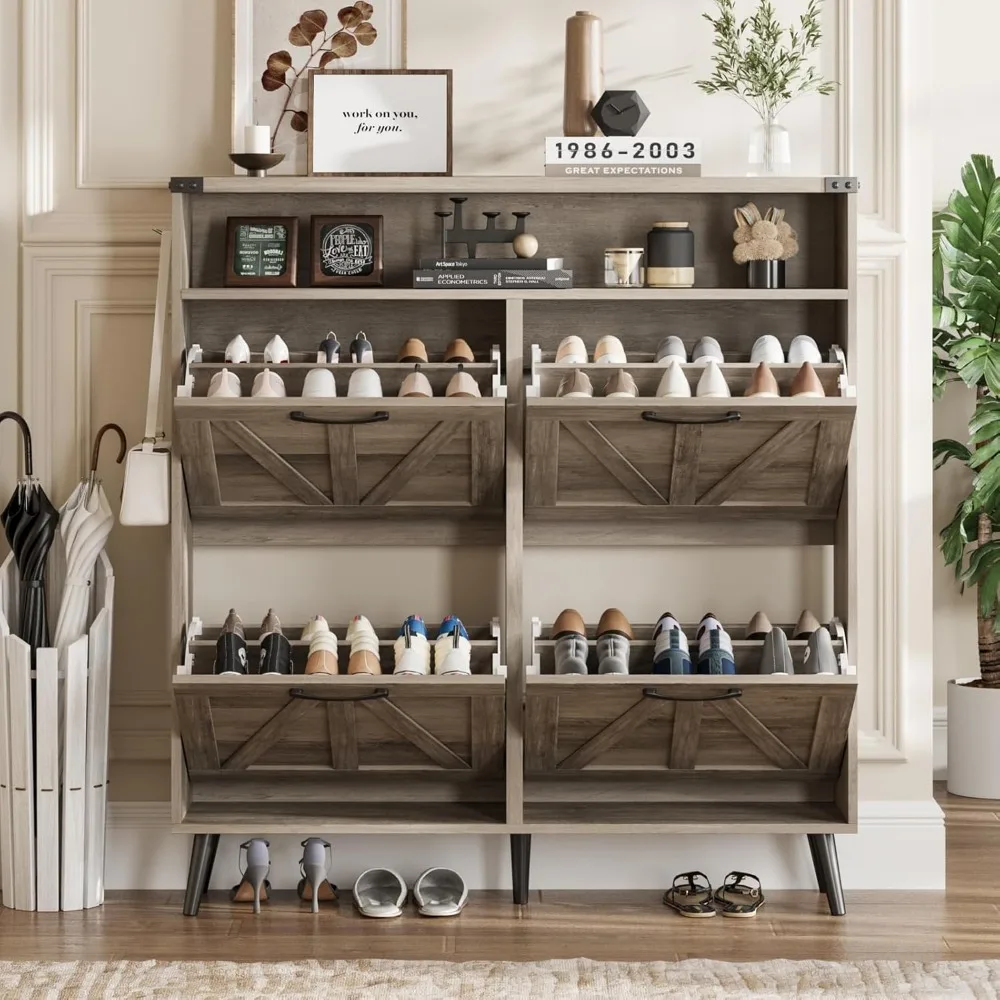 خزانة أحذية ذات طراز ريفي مع 4 أدراج، رف تخزين نحيف للمدخل، منظم رف مفتوح #6