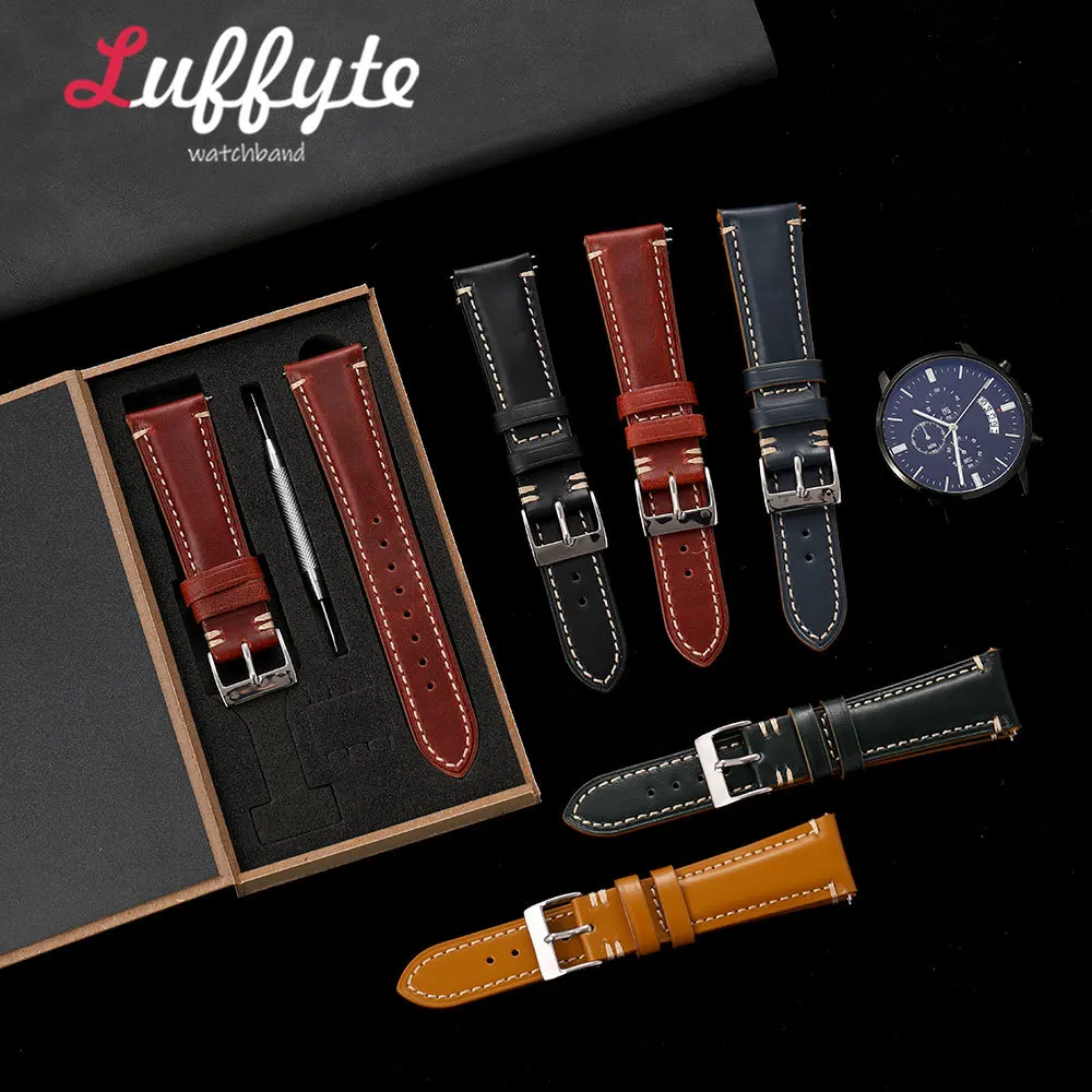Waxed Leather Watch Strap for Men Women 20mm 22mm Quick Release Calfskin Band with Gift Packing Box Casual Business Watchband