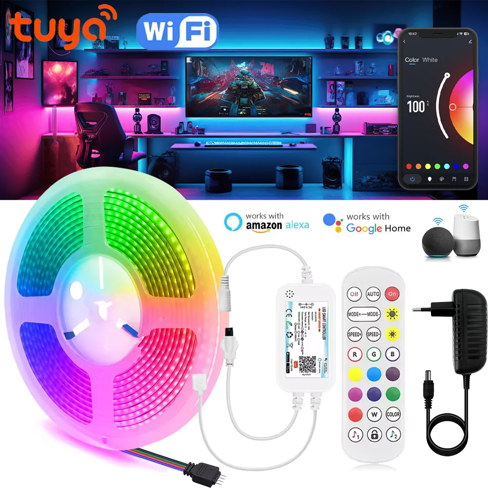 Tuya WiFi DC24V RGB COB LED Strip Light Tape Flexible Ribbon Led Tape with Remote Control for Google Home Alexa Smart Life APP