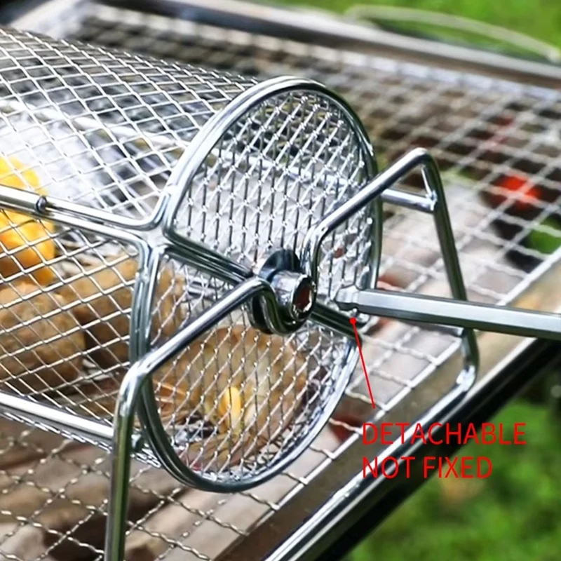 Stainless Steel BBQ Grill Basket Rotisserie Rolling Mesh Cage For Roasting Barbecue Grill Accessory For Even Cooking