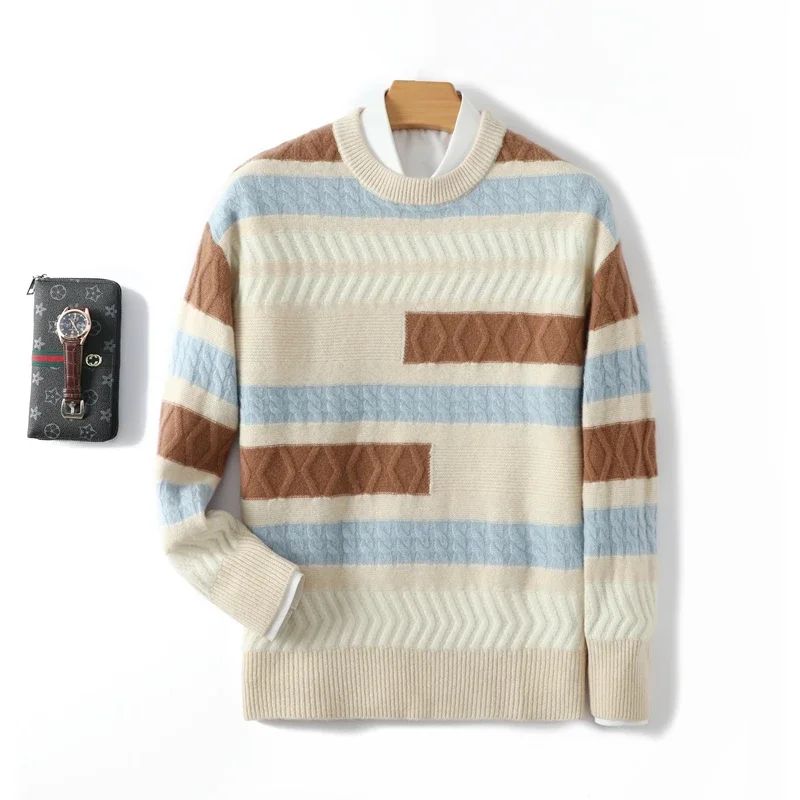 

Поп-осенне-зимний мужской свитер из 100% мериносовой шерсти с круглым вырезом, утолщенный вязаный пуловер, кашемировый свитер, жаккардовый цветной столкновение