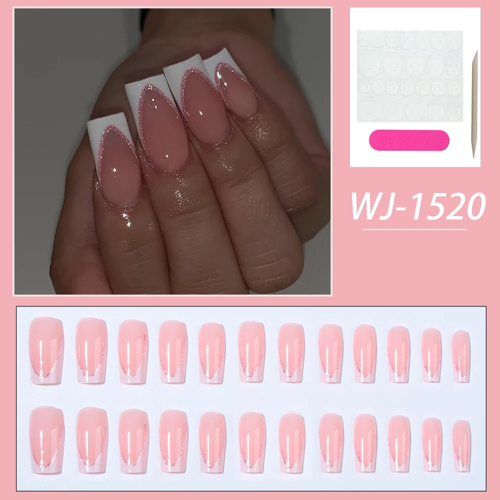 24-teiliges weißes, quadratisches französisches Nagelspitzen-Set zum Aufdrücken von Nägeln, mittelgroß, glitzernd, perfekt passendes Design, Acryl-Kunstnägel-Set, enthalten 1 Quelle