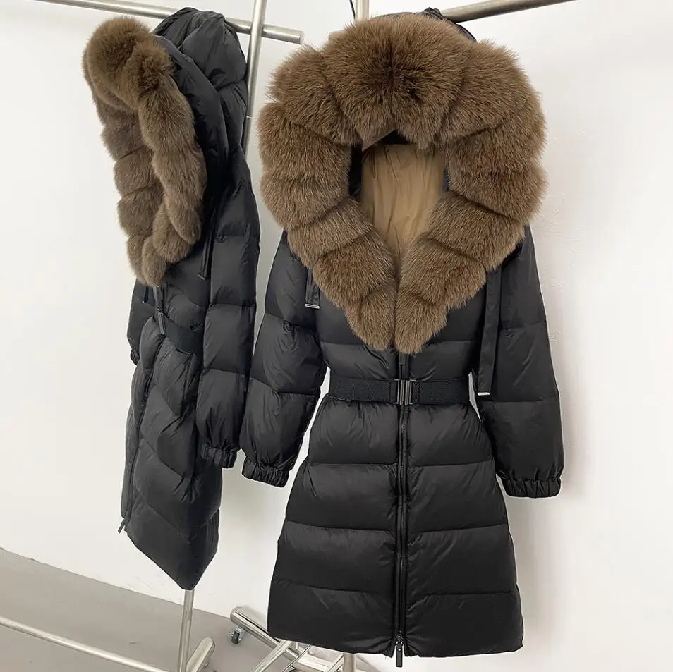 New Women's Thick Warm 90% White Duck Down Coat Long Winter Jacket Women Real Big Fox Fur Collar Belt Loose Puffer Parka