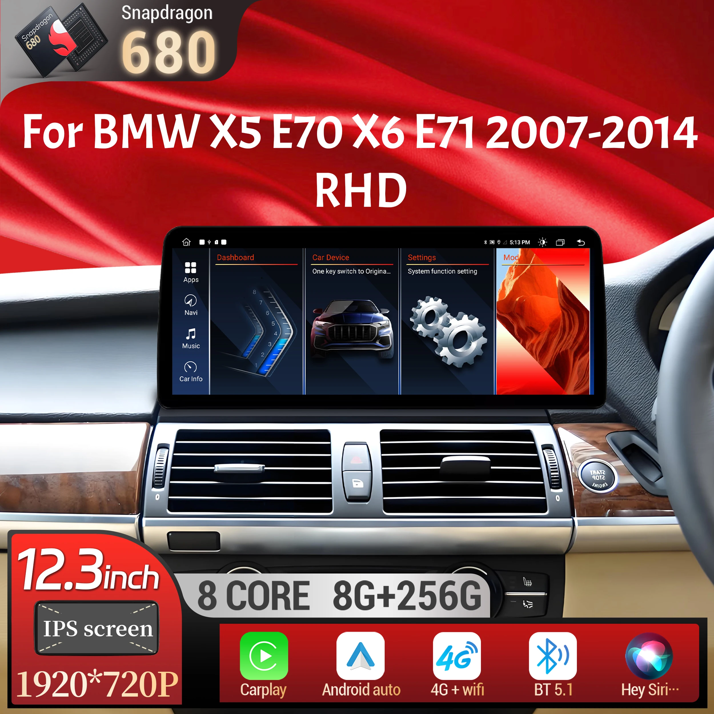 12.3 inch Right Hand Drive Android 13 For BMW X5 E70 X6 E71 2007-2014 Car Radio Wireless BT Carplay Snapdragon 680 Touch Screen