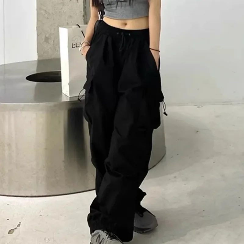 Solid Pants Women Korean Fashion Streetwear Trendy Shirring Elastic Waist Baggy All-match Simple Spring Cool Girls Pockets Cozy