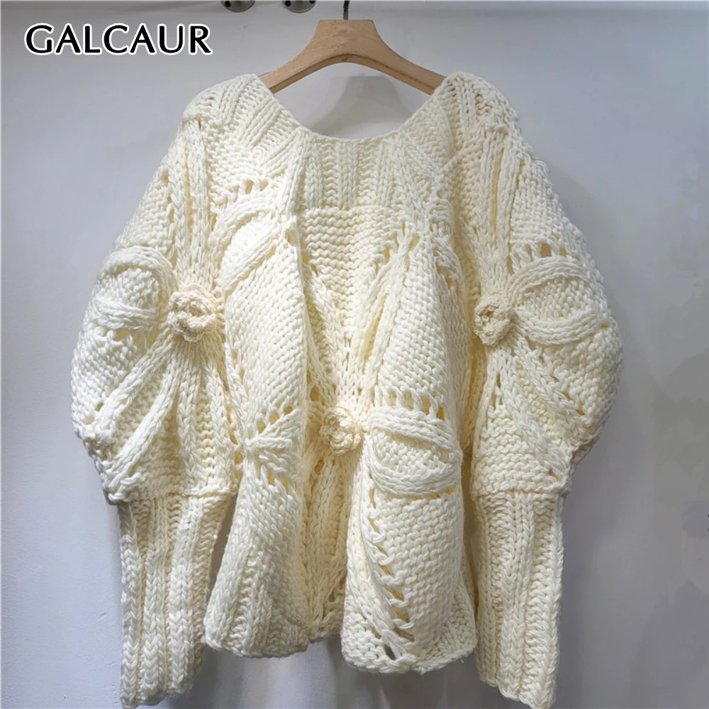 

GALCAUR абрикосовый шикарный свитер с цветочным принтом, женский свободный повседневный свитер с круглым вырезом и длинными рукавами, ленивые женские свитера, осенняя мода