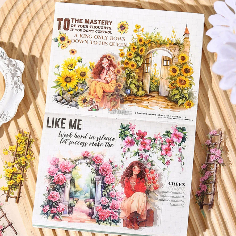 Juego de pegatinas de escena de jardín Retro, 180 Uds./6 paquetes, colores mezclados, pegatinas autoadhesivas reutilizables con acabado de microluz, adecuadas para