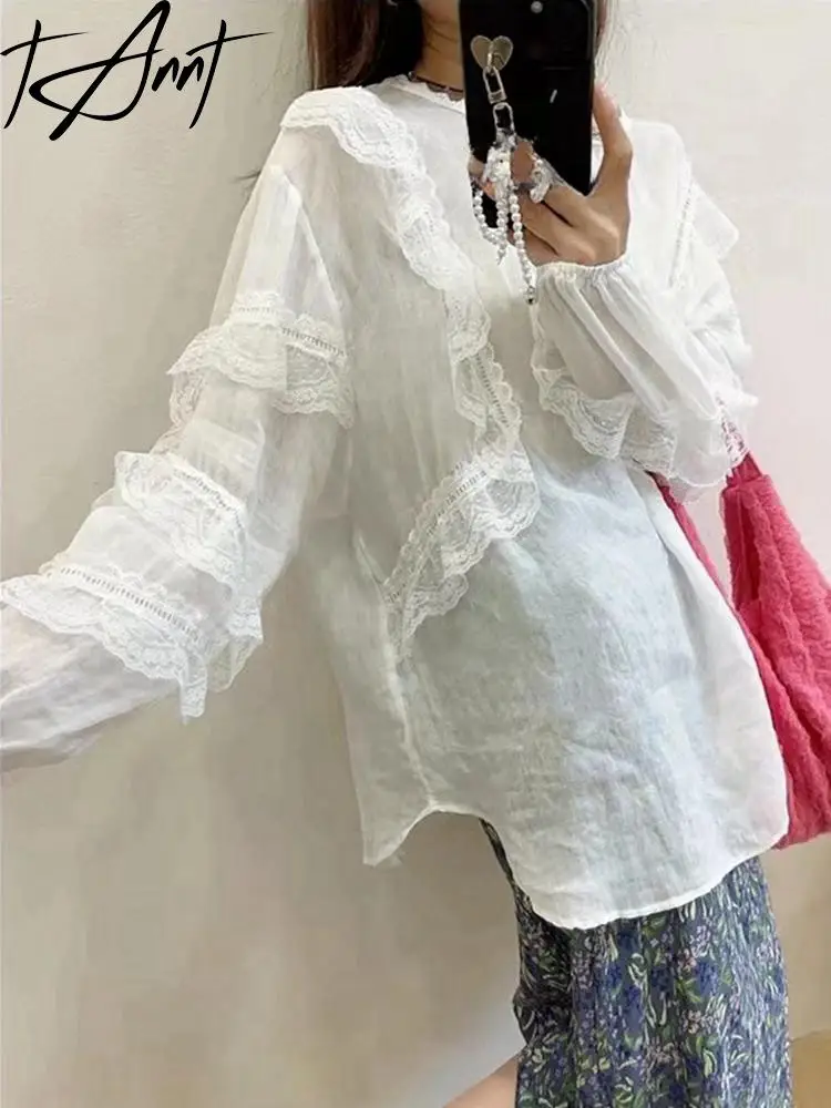 

GetSpring Women Blouse 2024 Autumn O Neck Full Sleeve Lace Stitched White Shirt Fashion All Match Loose Casual Long Female Tops