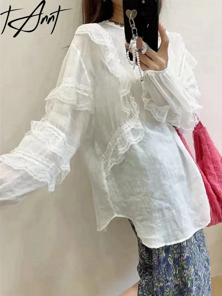 GetSpring Women Blouse 2024 Autumn O Neck Full Sleeve Lace Stitched White Shirt Fashion All Match Loose Casual Long Female Tops