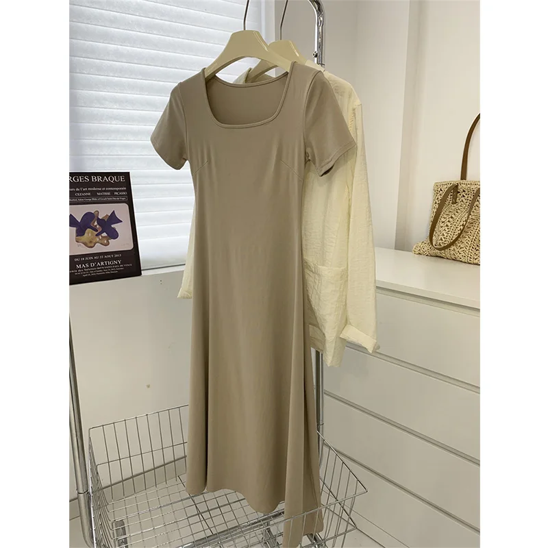 Robe longue française à col carré pour femmes, coupe cintrée, amincissante, en coton, jupe t-shirt à manches courtes, été