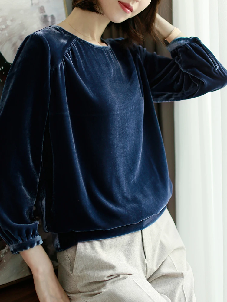 

Silk Velvet Top Women's Long Sve Loose Fit Base irt Vintage Sle Versatile Color T-irt for Autumn Winter