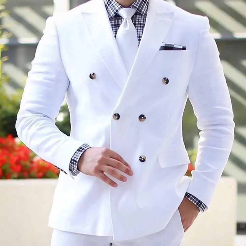 Elegant Double Breasted White Wedding Suits for Men Formal Peak Lapel Chic Blazer Groom Custom Outfits 2 Piece Jacket Pants Set