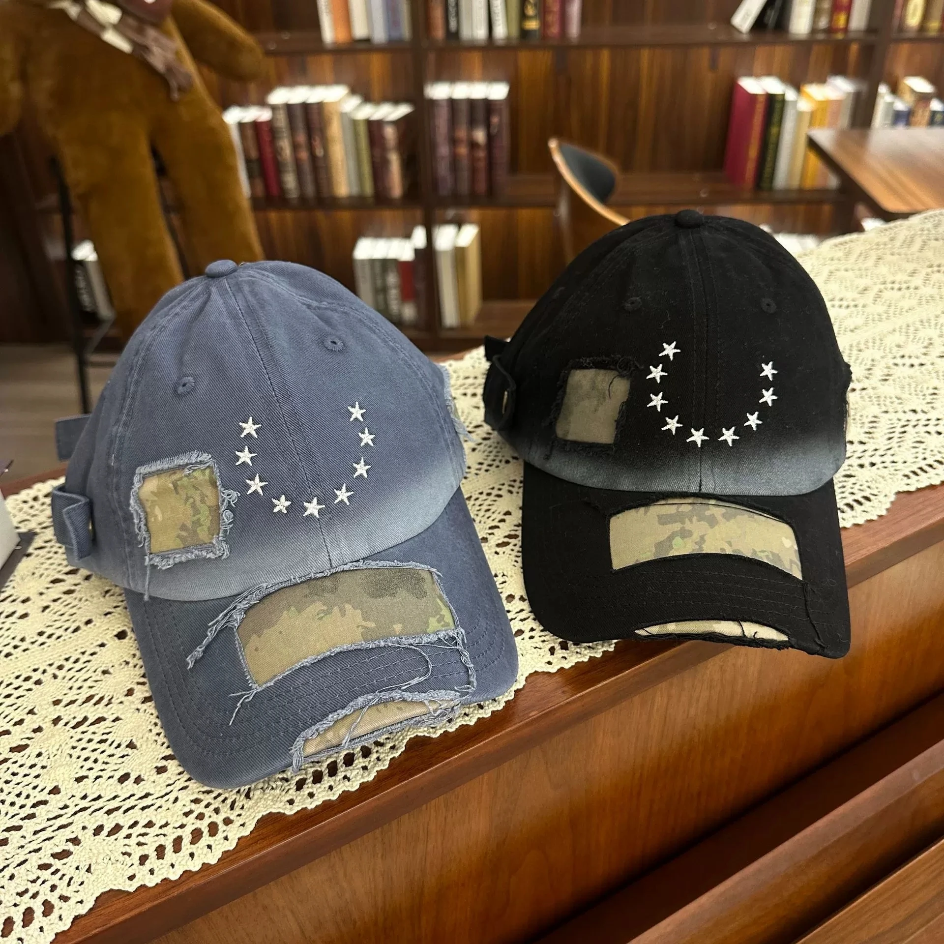 Japanese-style Vintage Distressed Star-embroidered Baseball Cap for Women Retro Unisex Sun Hat for Men