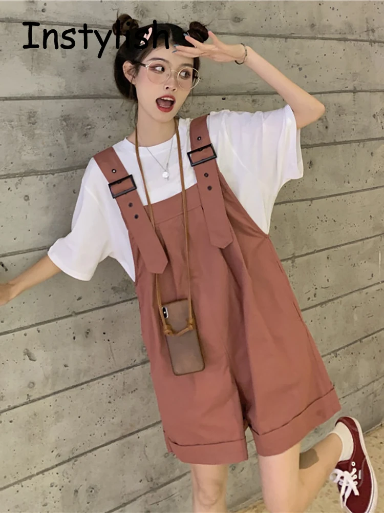 Korean Elegant Wide Leg Playsuits Summer Vintage Harjauku Solid Loose Overalls Women Casual Adjustable Strap Jumpsuits Romper