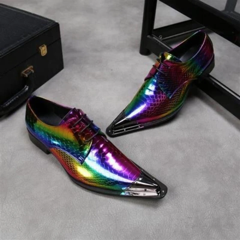 Stilvolle Metall zehe Laser Regenbogen Mann Lederschuhe Gentleman bunte Kuh Leder Friseur männliche Bankett Kleid Schuhe Zapatos