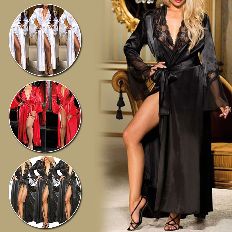 Camisón Sexy de encaje transparente para mujer, Kimono, vestido de noche, perspectiva, bata de baño, camisón largo